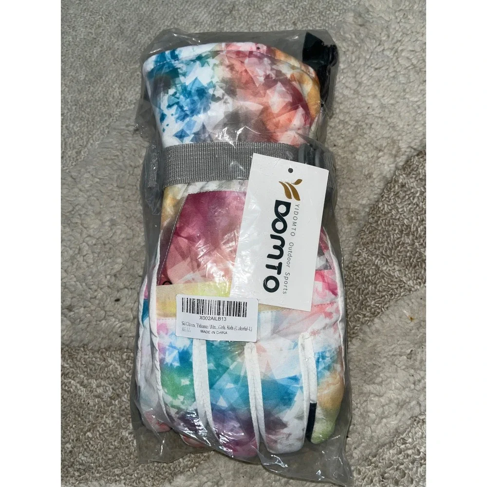 Yidomto Kids Girls Ski Gloves Colorful Geometric Tie Dye Winter Snow Large NEW